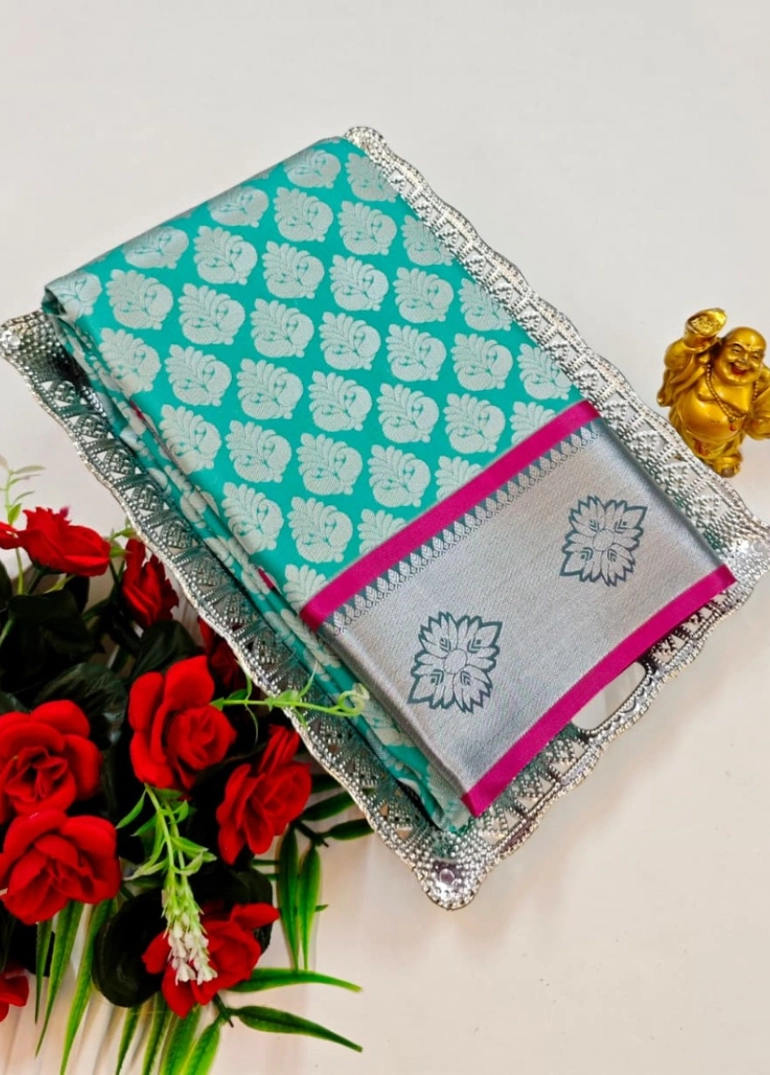 Bridal silk gold silvar and copper zari weave and wedding art silk sarees - tuquoise